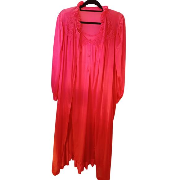 VTG Lorraine Pink Gown & Robe Set Pink Nylon Peignoir XL & Lace Trim Nightie M - Picture 4 of 12